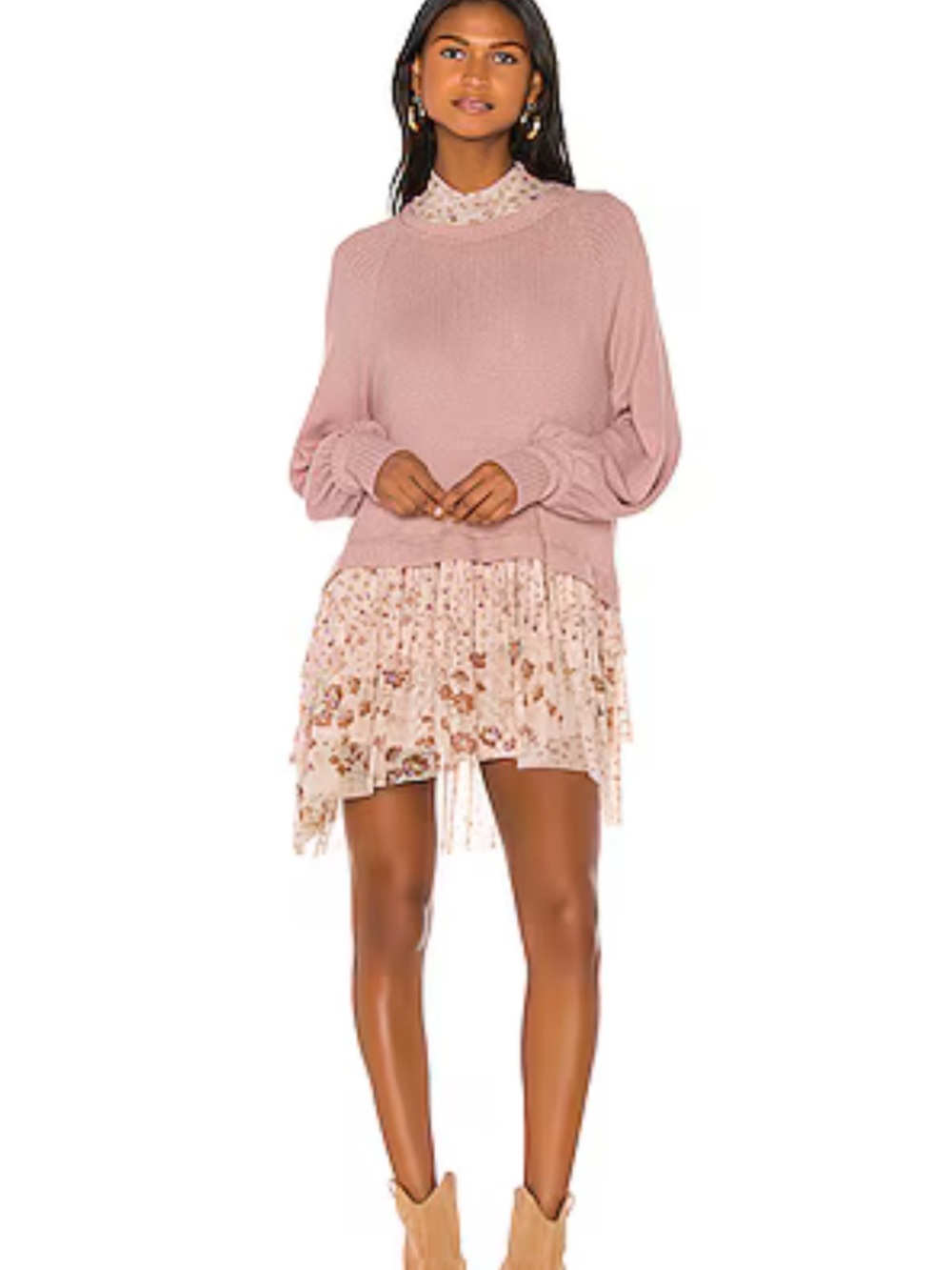 Free People Opposite Attraction Mini Dress Tunic Dusty Mauve Floral Ruffle SZ S - Picture 2 of 15